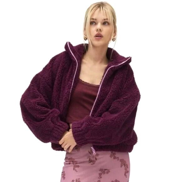 Kimchi Blue UO Snow Bunny Piled Fleece Zip-Up Jacket in Purple Size M NWT! SOFT! - Picture 1 of 6